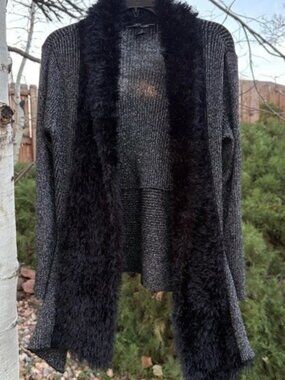 Once Again Black and Silver Waterfall Cardigan Faux Fur Neck worn once women’s S